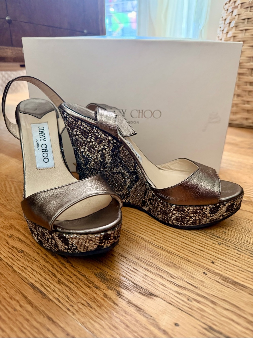 Jimmy Choo Bronze Metallic and Snake-Print Wedge Sandals
